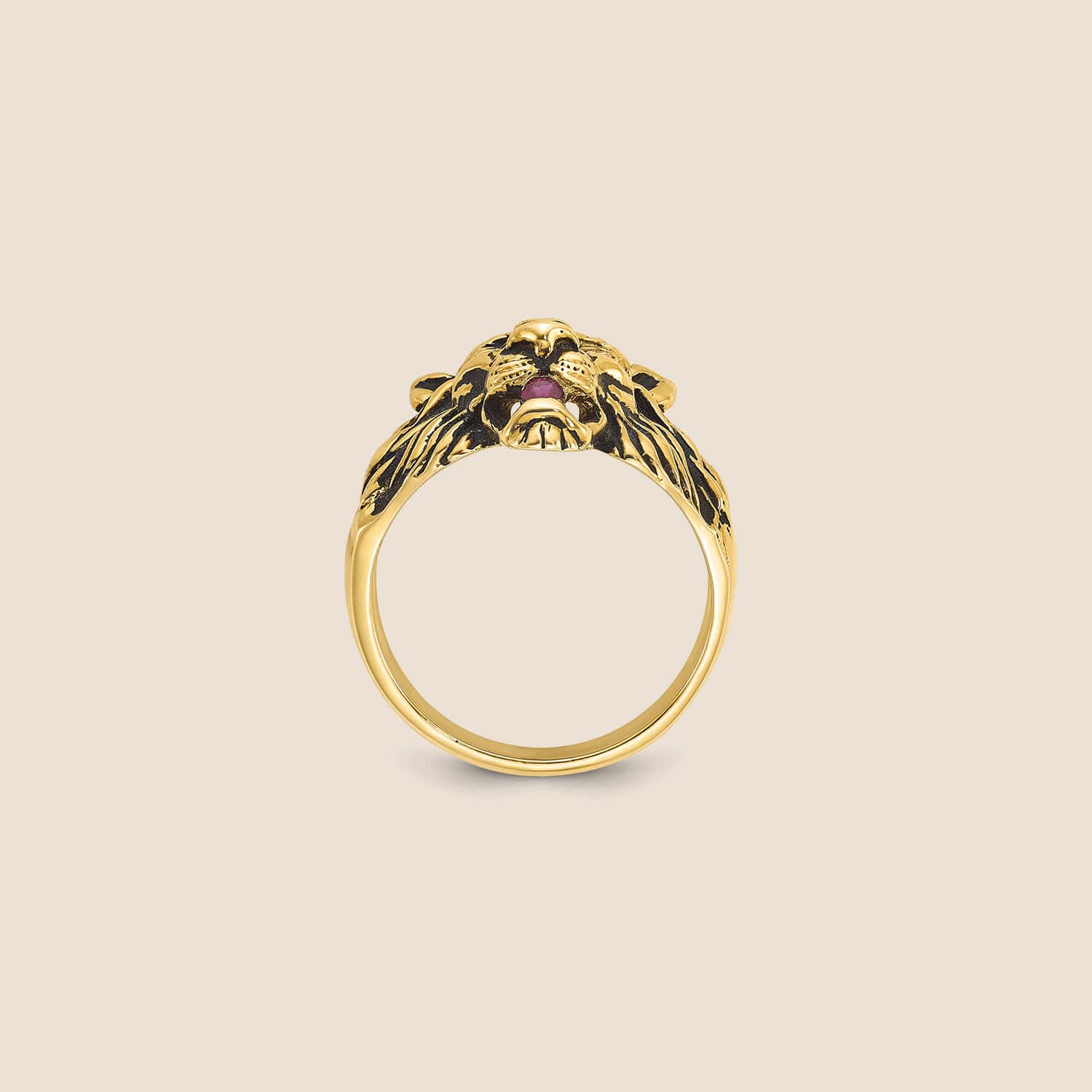 10K Gold Men's Diamond & Ruby Antiqued Lion Ring - Image 4