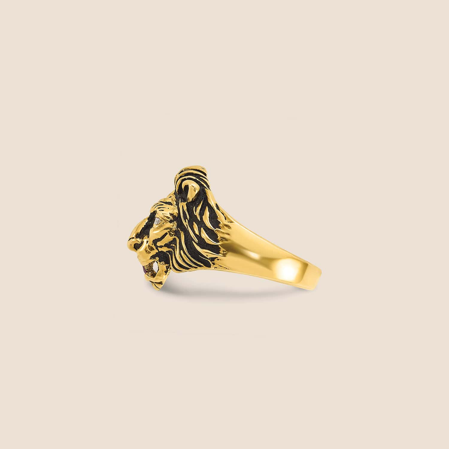 10K Gold Men's Diamond & Ruby Antiqued Lion Ring - Image 8
