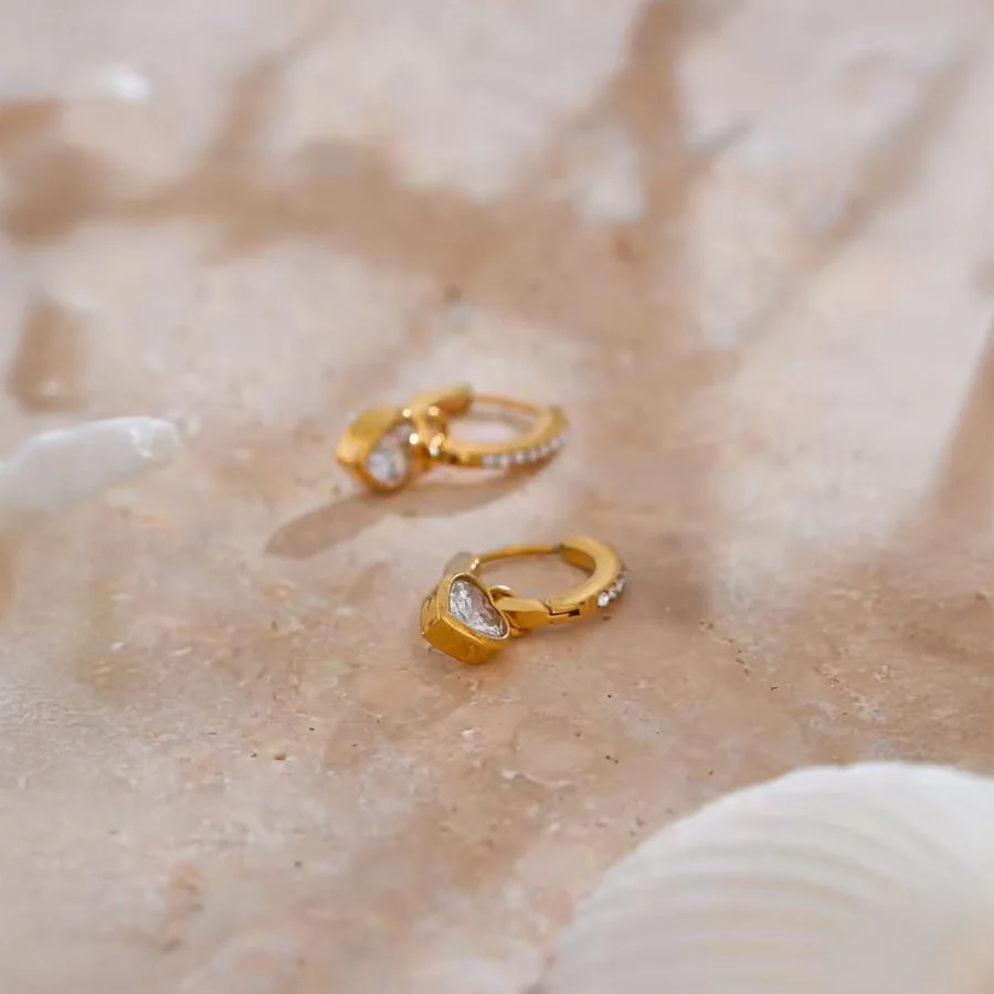 18K Gold PVD Drop Hoop Earrings w/ Cubic Zirconia Heart - Image 4