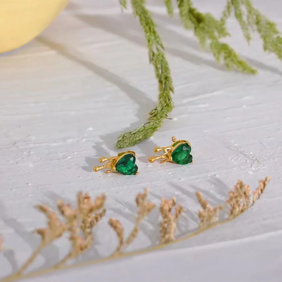 18K Gold PVD Dripping Stud Earrings w/ Cubic Zirconia Heart - Image 2