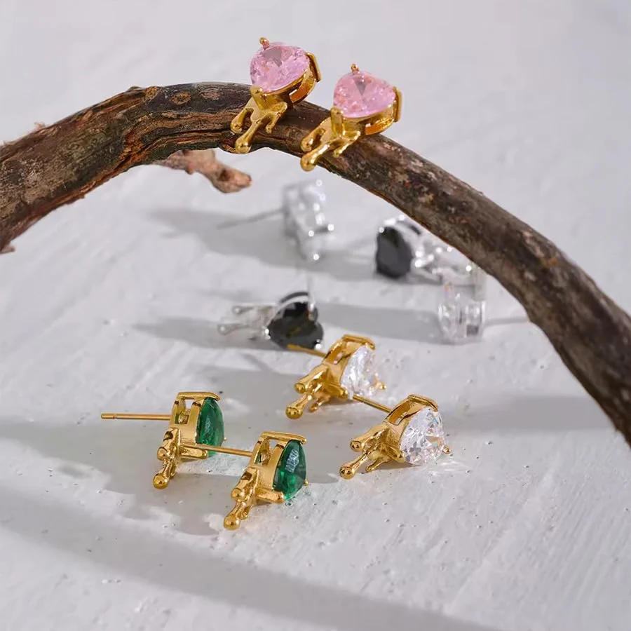 18K Gold PVD Dripping Stud Earrings w/ Cubic Zirconia Heart - Image 3