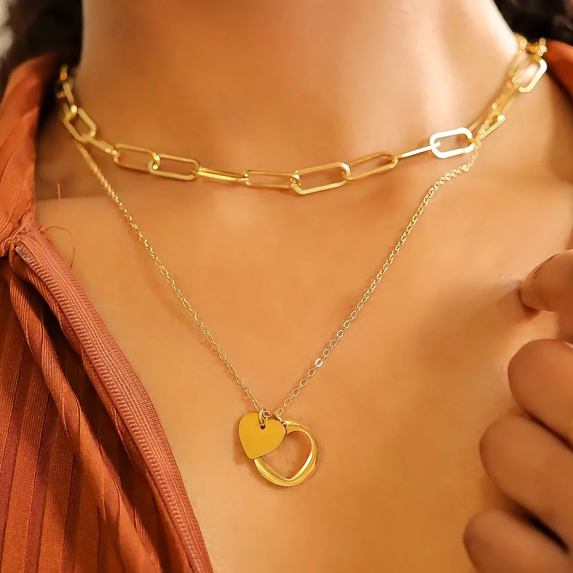 18K Gold PVD Heart Cutout Necklace w/ 2" Extension - Image 3