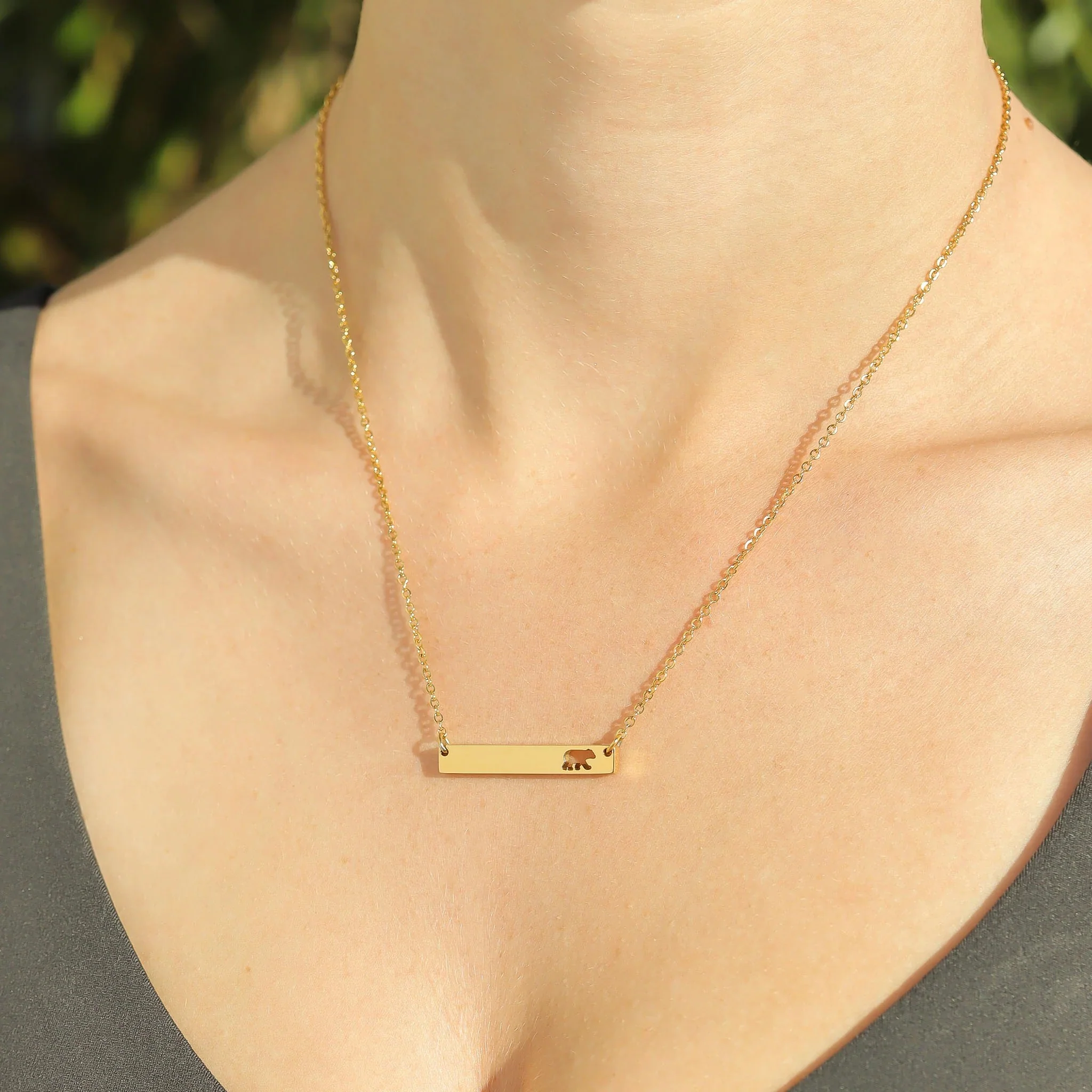 18K Gold PVD Mama Bear Horizontal Bar Necklace - Image 6