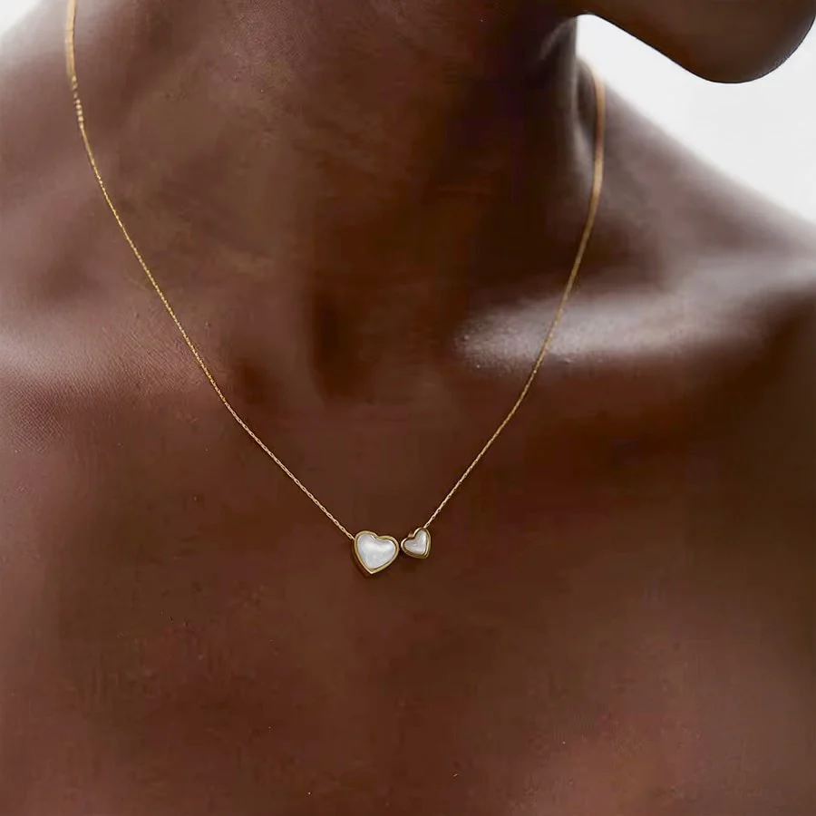18K Gold PVD Pendant Necklace w/ Double Natural Shell Hearts - Image 3
