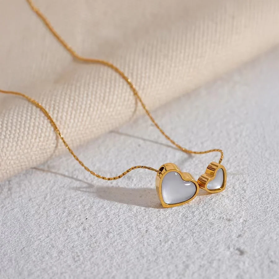 18K Gold PVD Pendant Necklace w/ Double Natural Shell Hearts - Image 4