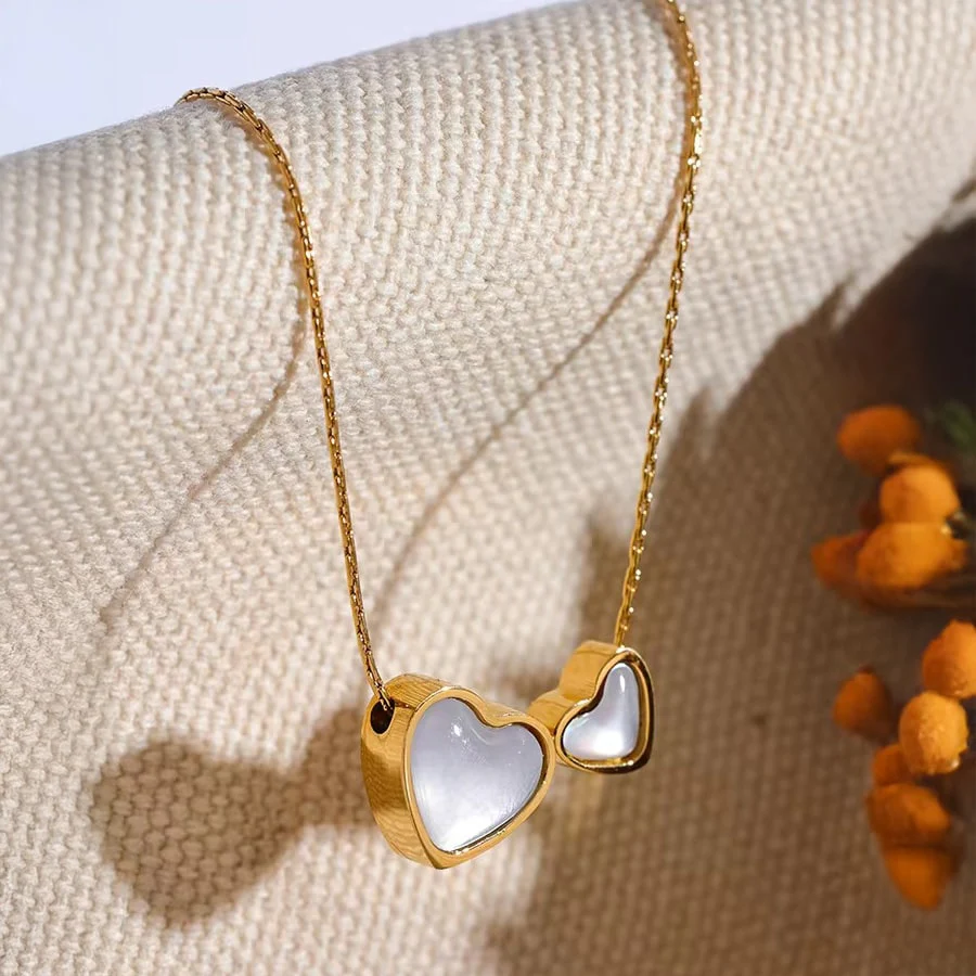 18K Gold PVD Pendant Necklace w/ Double Natural Shell Hearts - Image 5