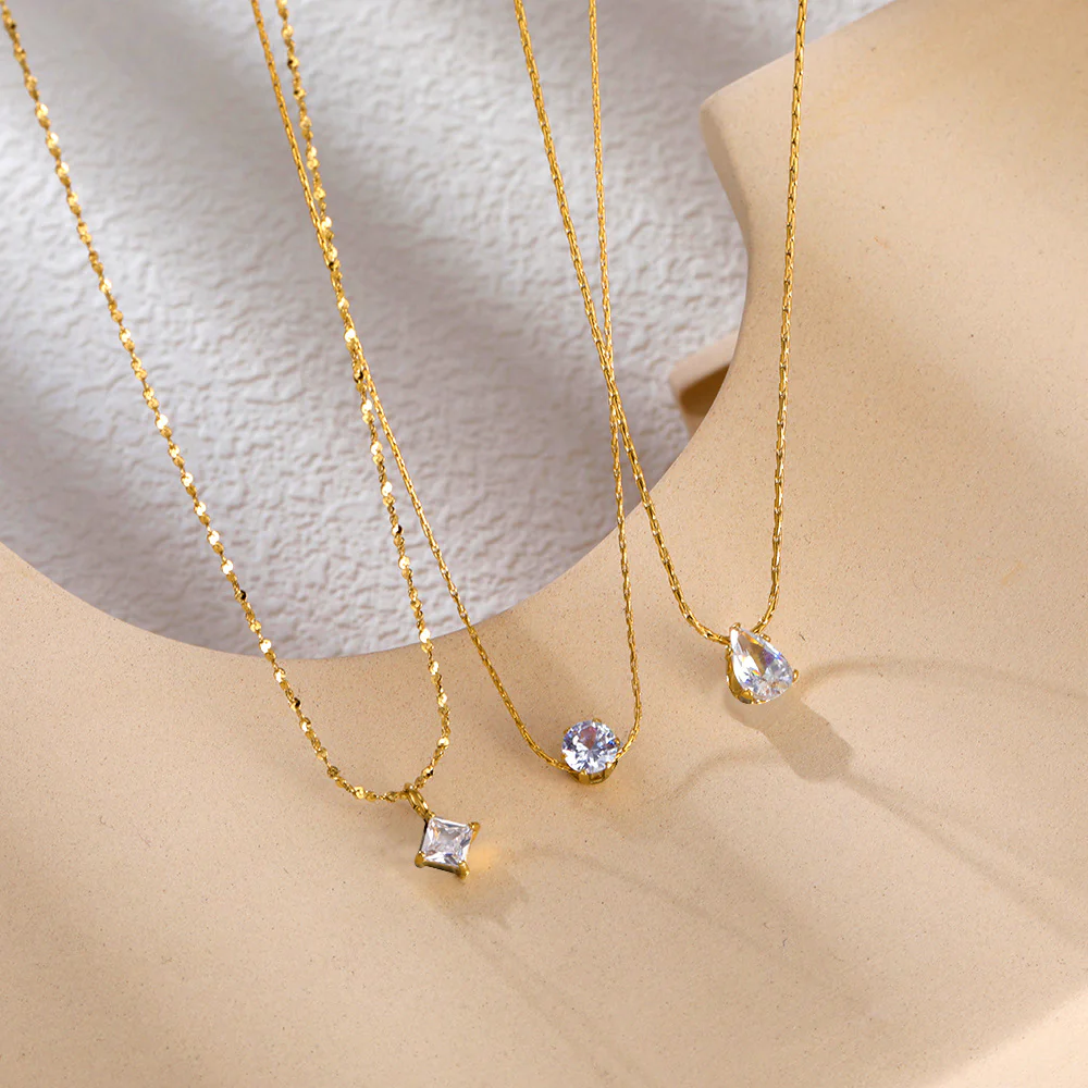 18K Gold PVD Necklace w/ Princess Cut Cubic Zirconia - Image 5