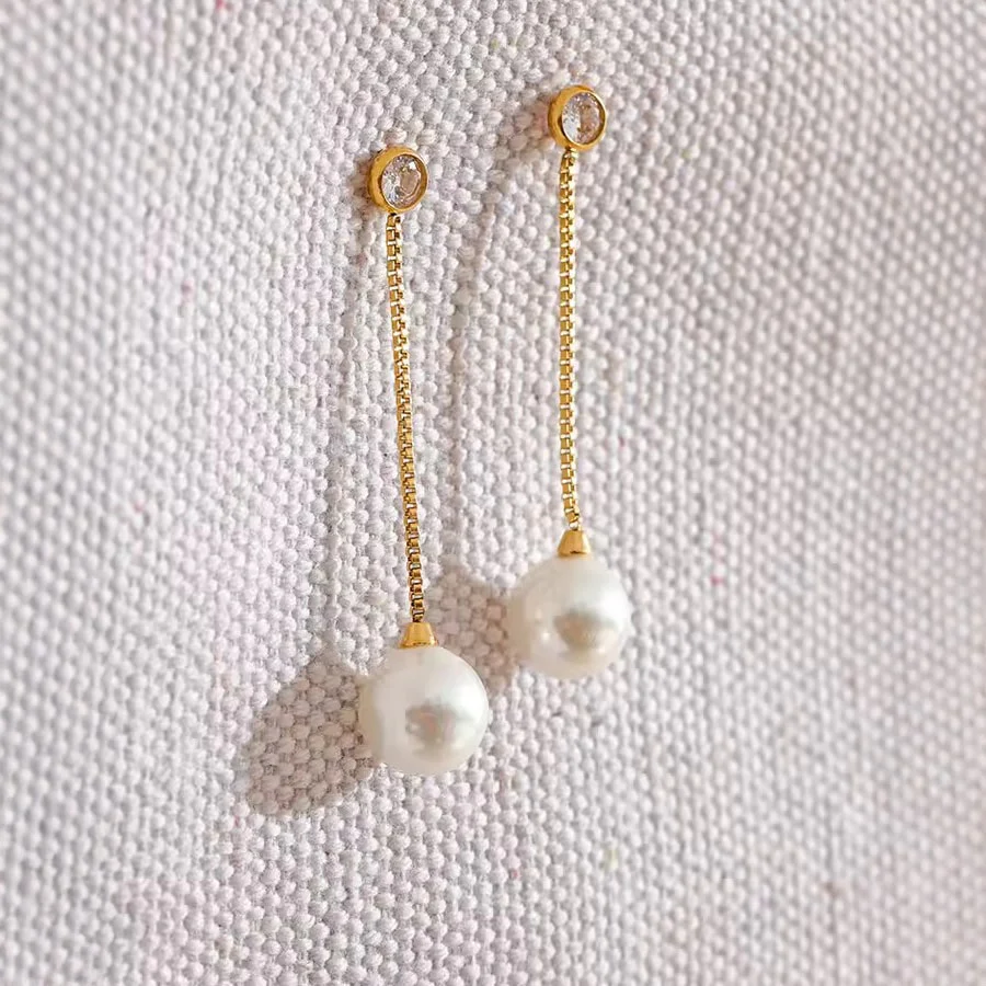 18K Gold PVD Long Chain Dangle Earrings w/ Natural Pearl - Image 3