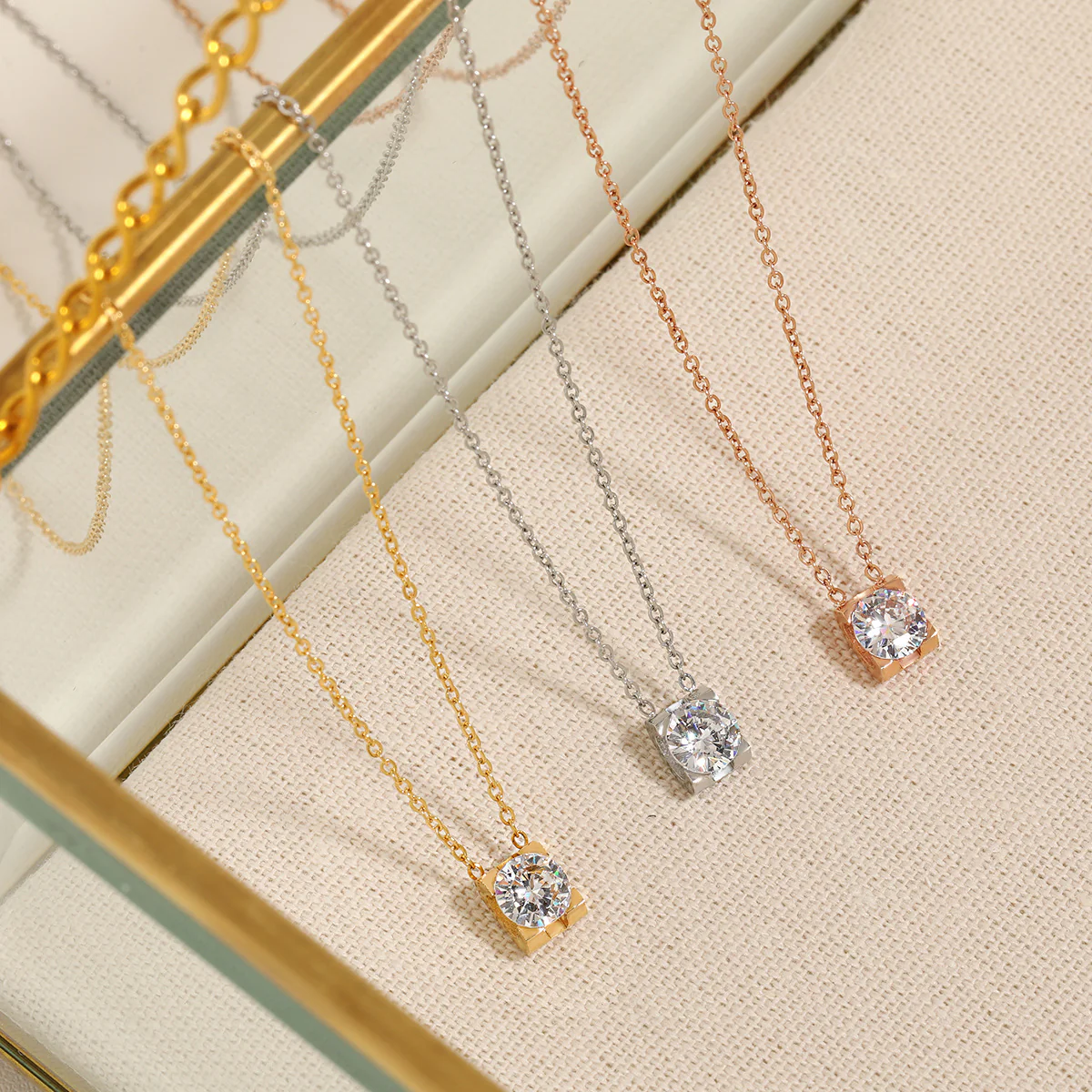 18K Rose Gold PVD Necklace w/ Round Mounted Cubic Zirconia - Image 5